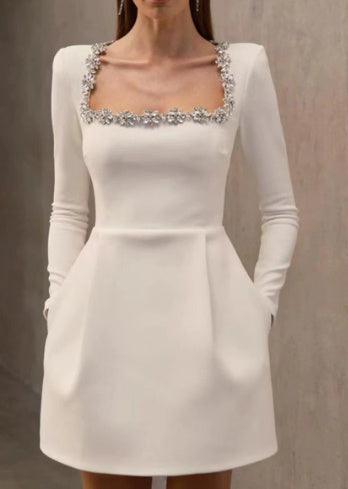 Elegant Square Neck Long-Sleeve Dress – Rhinestone Flower Design A-Line Dress - MRC STORE