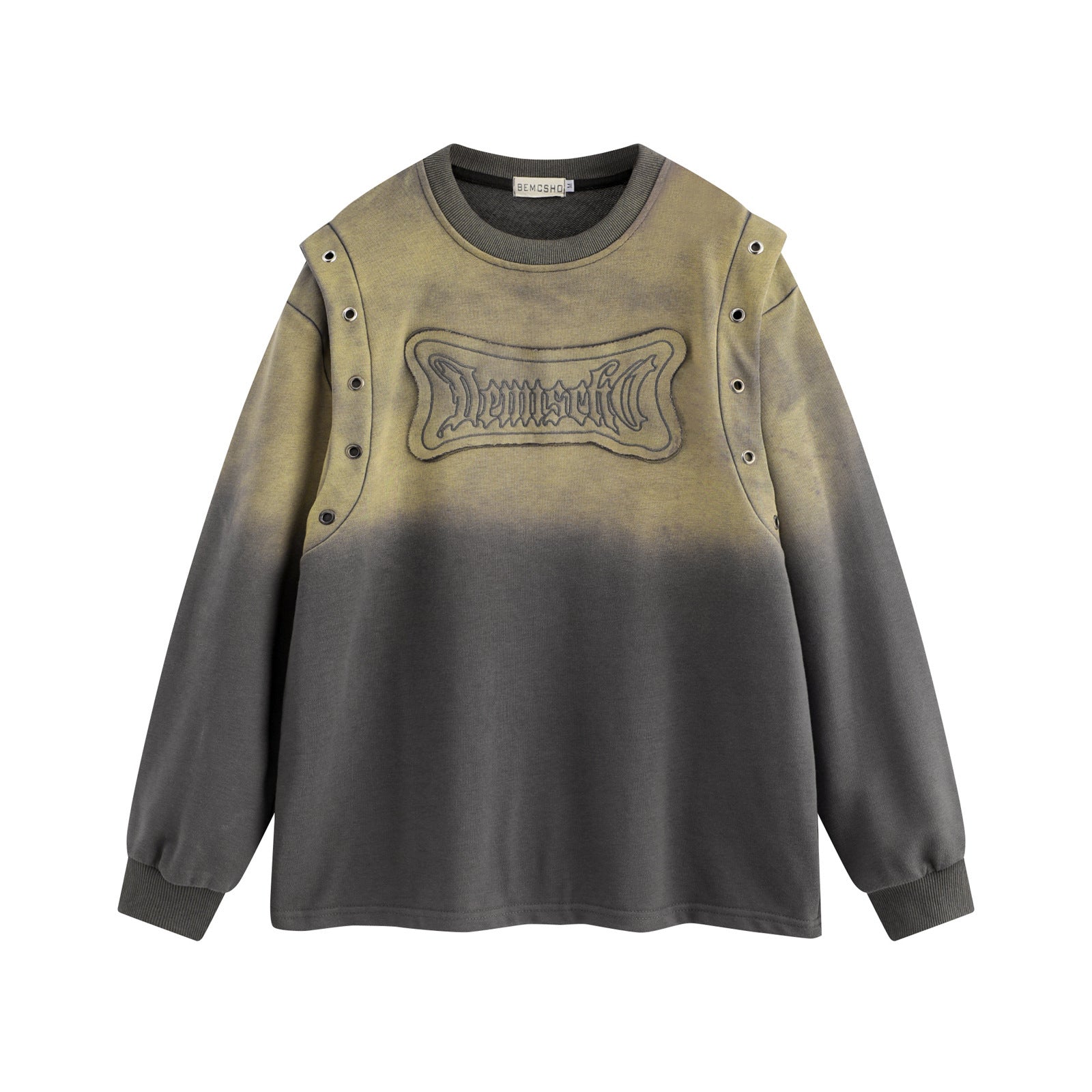 Sweatshirt with gradient design and embroidered logo on a white background