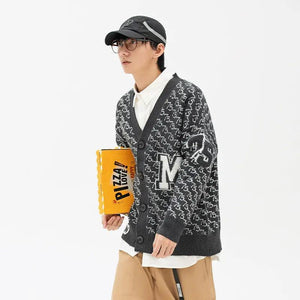 Jacquard Letter V-Neck Fashion Cardigan Sweater - MRC STORE