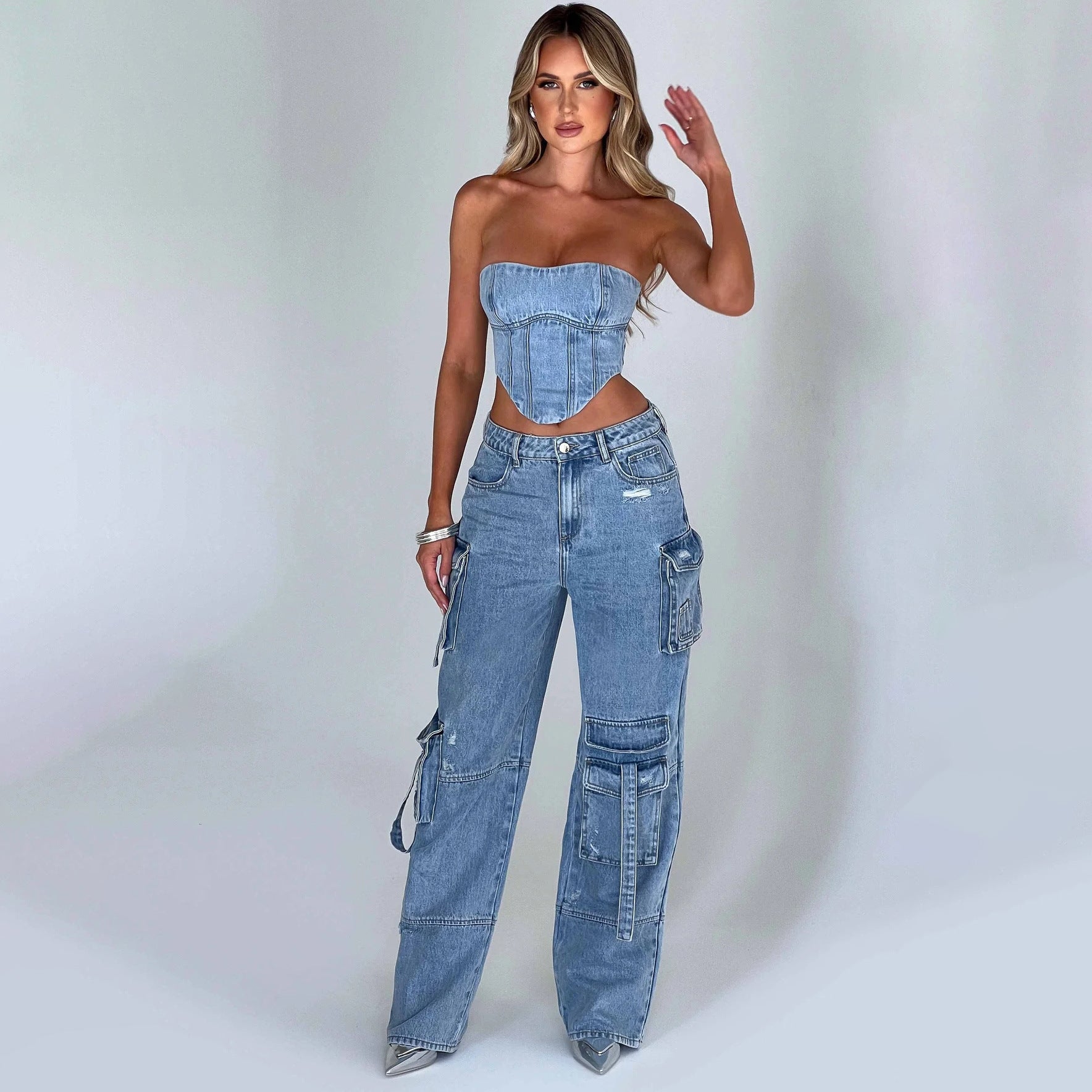 Women’s Low Waist Jeans - Tube Top Wide-Leg Set My Store