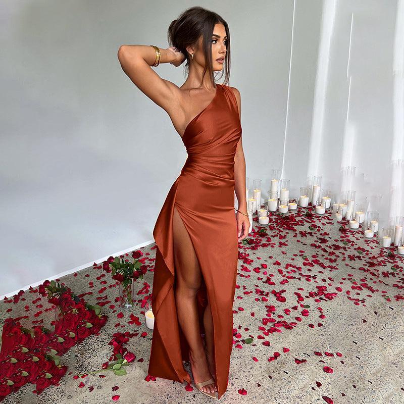 Elegant One-Shoulder Satin Dress - MRC STORE