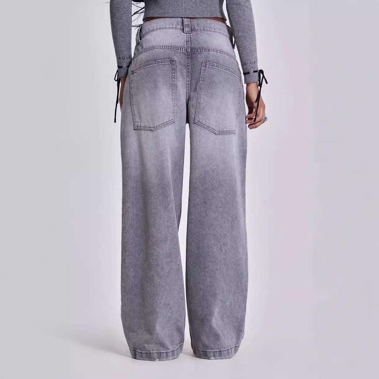 Gray Y2K Washed Distressed Casual Straight-Leg Jeans - MRC STORE