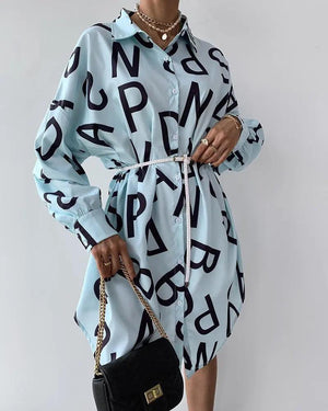 Women's Long Sleeve Letter Print Shirt Dress – Trendy Oversized - MRC STORE