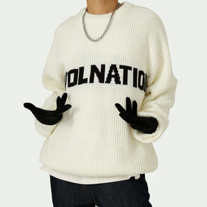 Solid Color Loose Knit Round Neck Letter Sweater - White, Khaki, Green - MRC STORE