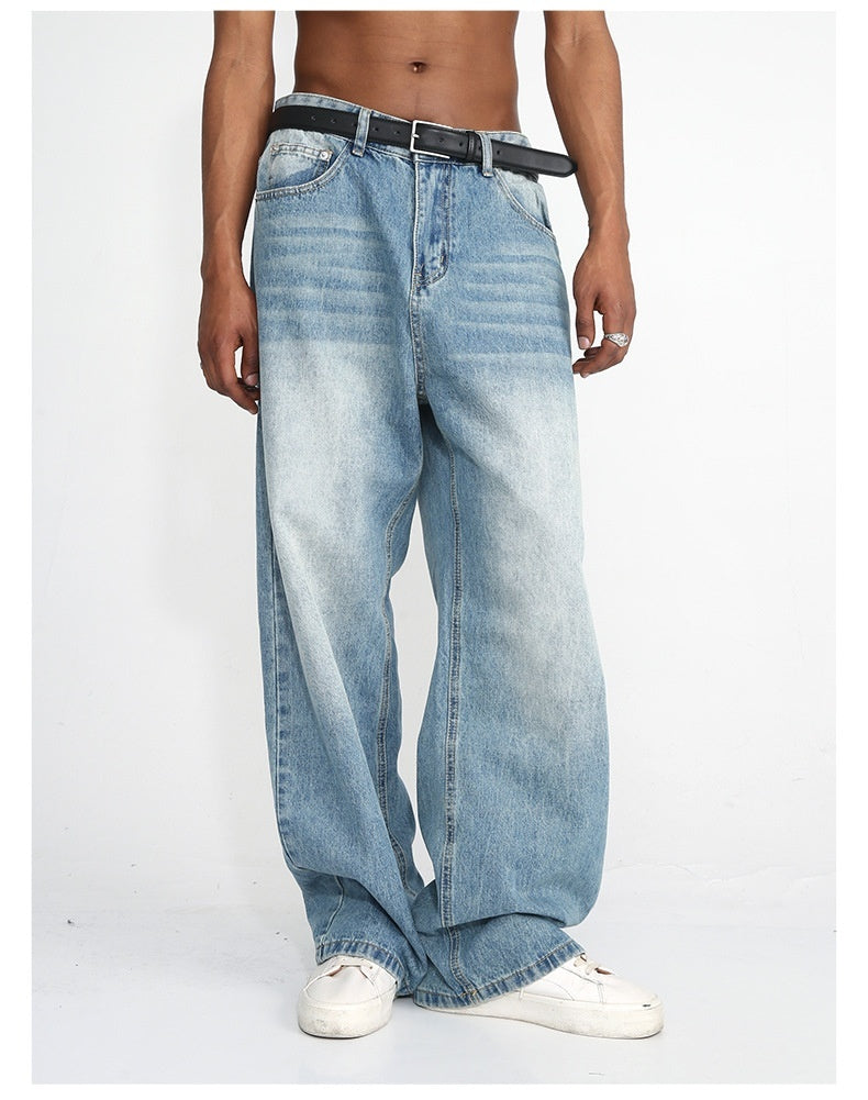Men's Blue Straight Wide Leg Jeans – Casual Cotton Blend Trousers
