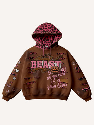 Brown hoodie with pink leopard print hood and 'BEAST' text on a white background