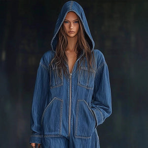Hooded Denim Jumpsuit MRC STORE