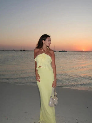 Yellow Halter Spaghetti Strap High Waist Skirt Suit - MRC STORE