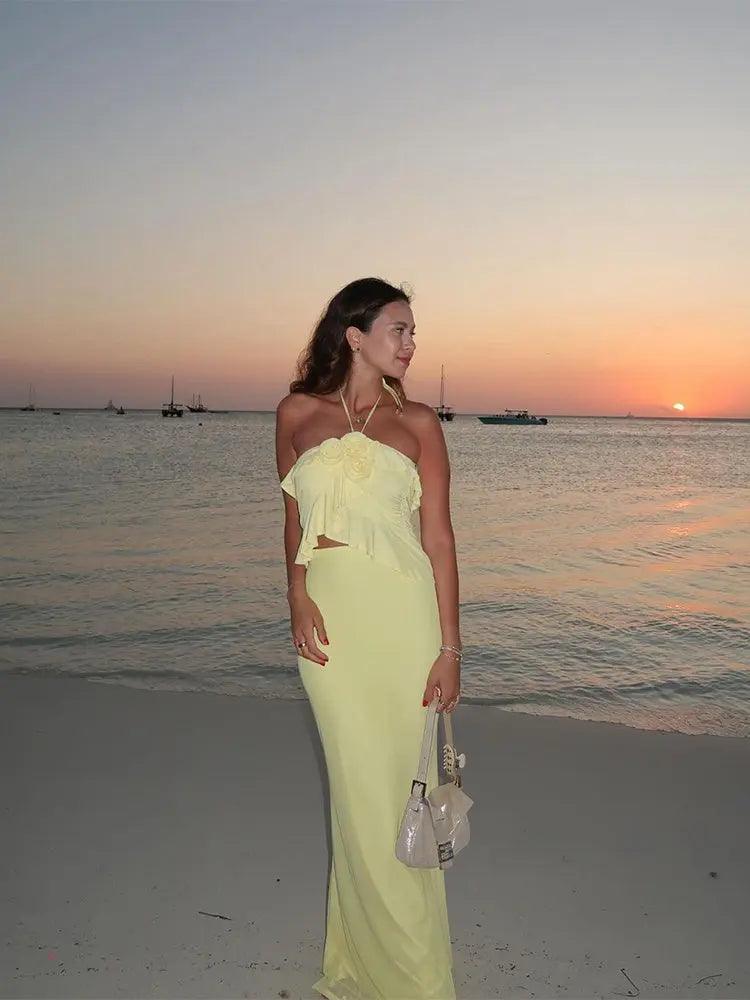 Yellow Halter Spaghetti Strap High Waist Skirt Suit - MRC STORE