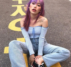 Women's Fashion Striped One-Shoulder T-shirt - MRC STORE