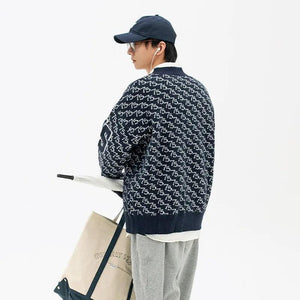 Jacquard Letter V-Neck Fashion Cardigan Sweater - MRC STORE