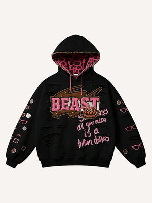 Black hoodie with pink and brown graphics and text on a white background