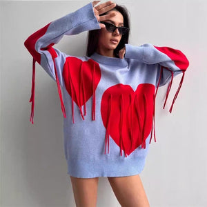 Love Pattern Round Neck Pullover Sweater - MRC STORE
