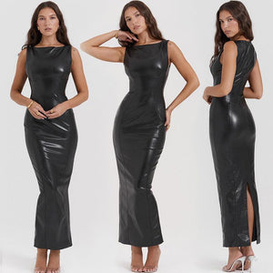 Sleek PU Leather Bodycon Dress – Elegant Sleeveless Midi Dress for a Bold Look - MRC STORE