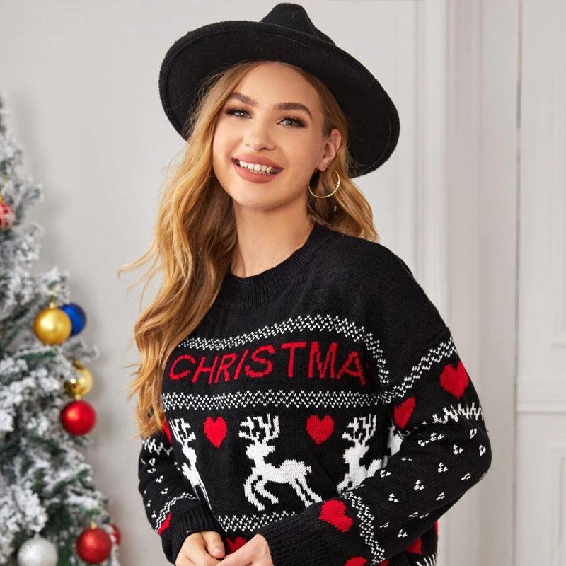 Cute Elk Heart Print Sweater - Christmas Love Deer Pullover - MRC STORE