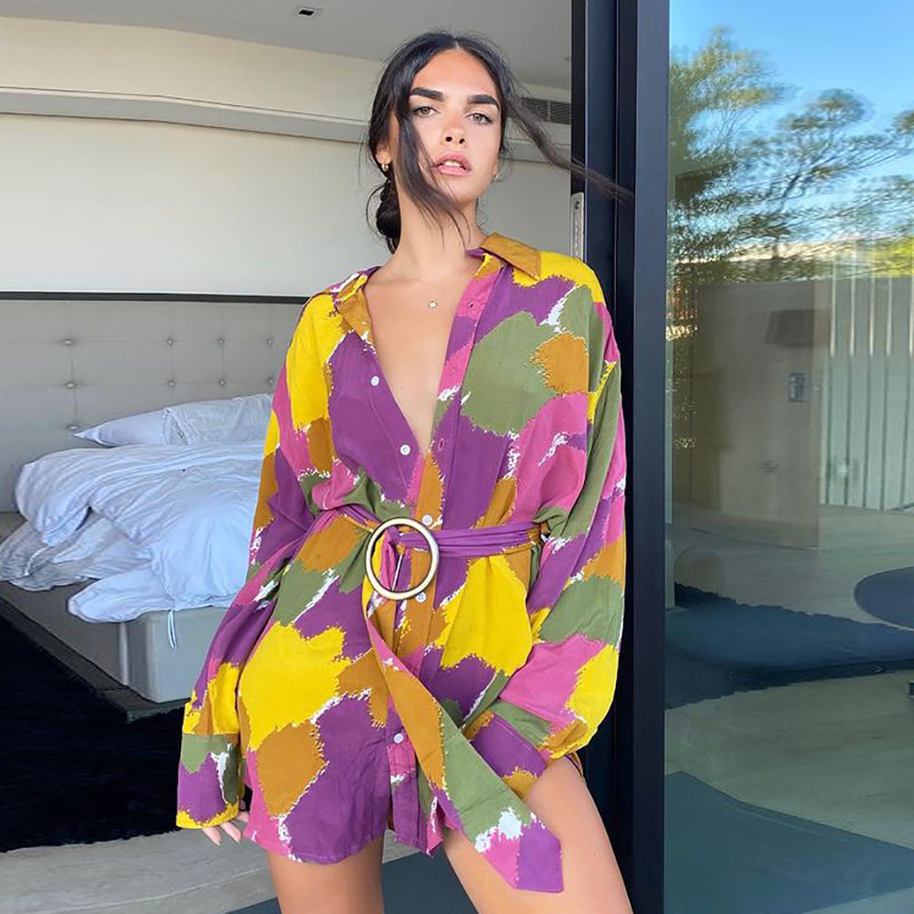 Women’s Shirt Dress - Printed V-Neck Long My Store 26.33