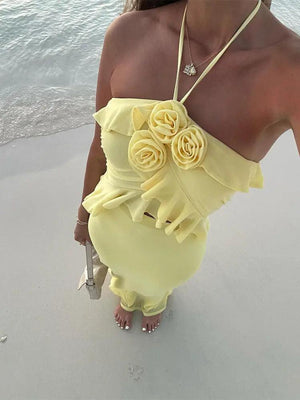 Yellow Halter Spaghetti Strap High Waist Skirt Suit - MRC STORE