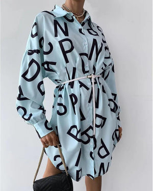 Women's Long Sleeve Letter Print Shirt Dress – Trendy Oversized - MRC STORE