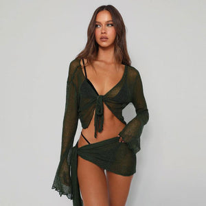 2024 Mesh See-through Strap Long-sleeved Wrap Top and Skirt - MRC STORE