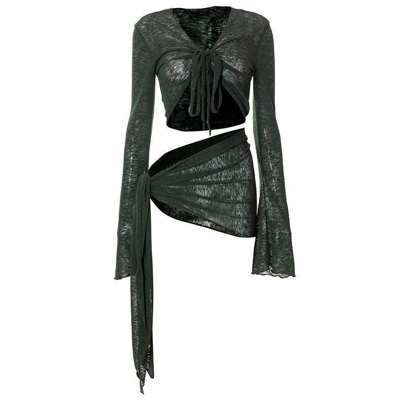 2024 Mesh See-through Strap Long-sleeved Wrap Top and Skirt - MRC STORE