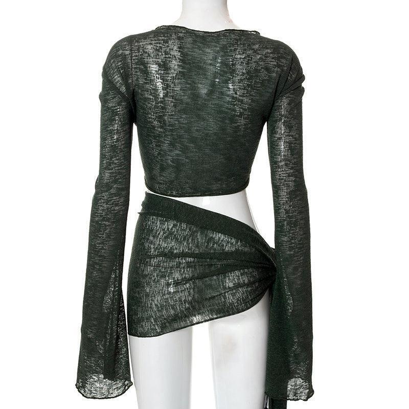 2024 Mesh See-through Strap Long-sleeved Wrap Top and Skirt - MRC STORE