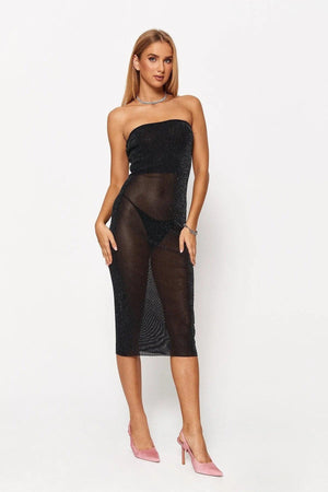 Low-Cut Clean Color Mesh Tube Top Dress - Black - MRC STORE