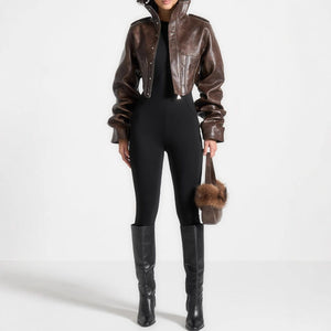 High-End Short PU Leather Fishbone Coat MRC STORE  160.00