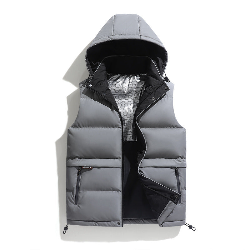 Gray puffer vest with a hood on a white background