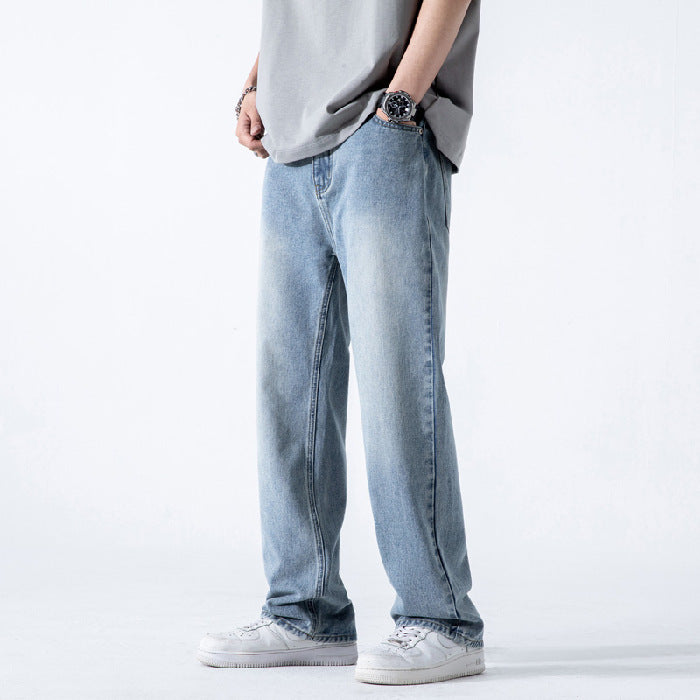 Vintage Jeans Men's Loose Straight Washed Wide Leg – Light Blue Denim Trousers