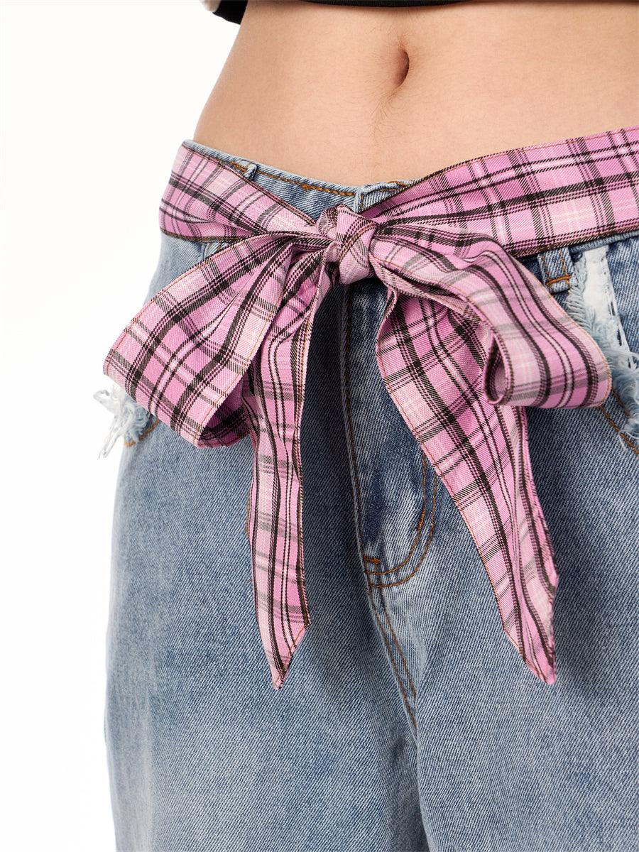Plaid Stitching Wide Leg Jeans with Bowknot – Sweet & Trendy - MRC STORE