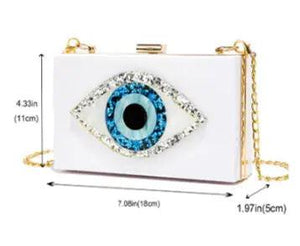 Luxury White Marbled Acrylic Clutch with Evil Eye Chain – Designer Summer Handbag - MRC STORE