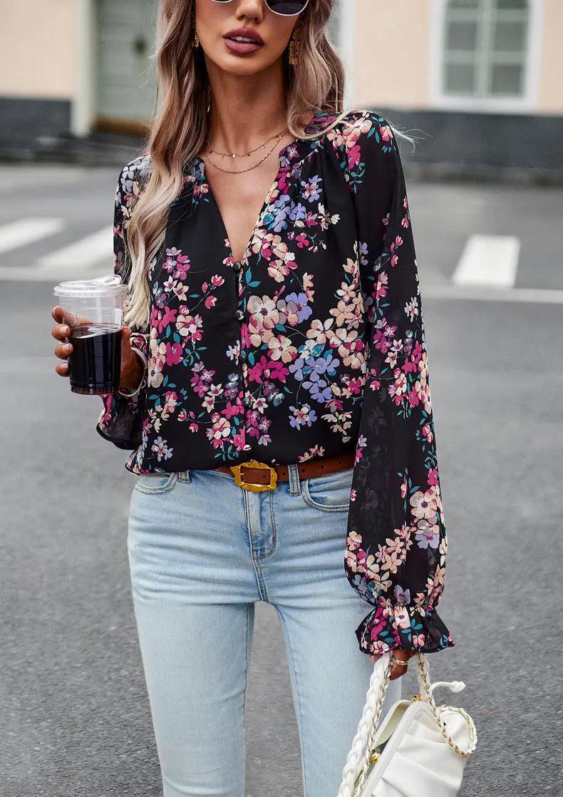 Chic Floral V-Neck Blouse - MRC STORE