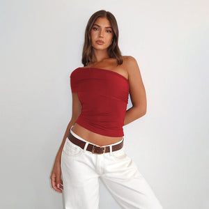 Women’s Sleeveless T-Shirt - Oblique Shoulder Red My Store