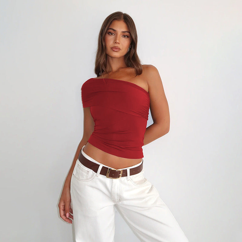 Women’s Sleeveless T-Shirt - Oblique Shoulder Red My Store