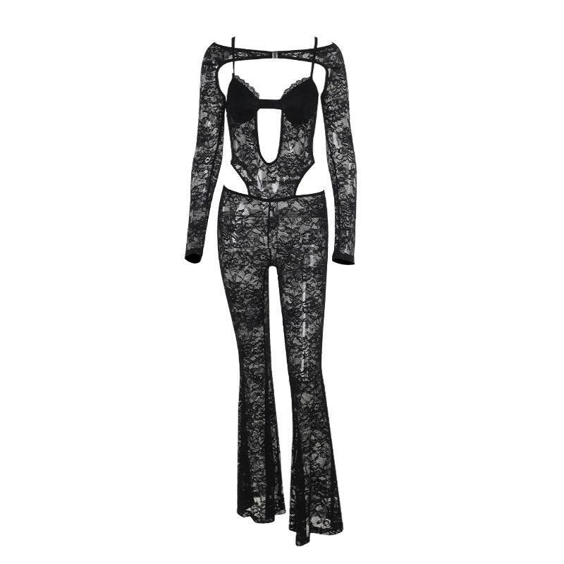 Slim-Fit Lace Long-Sleeved Jumpsuit Bold and Elegant in Black - MRC STORE