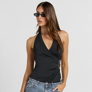 Women’s Suspender Top - V-Neck Pleated Navel My Store