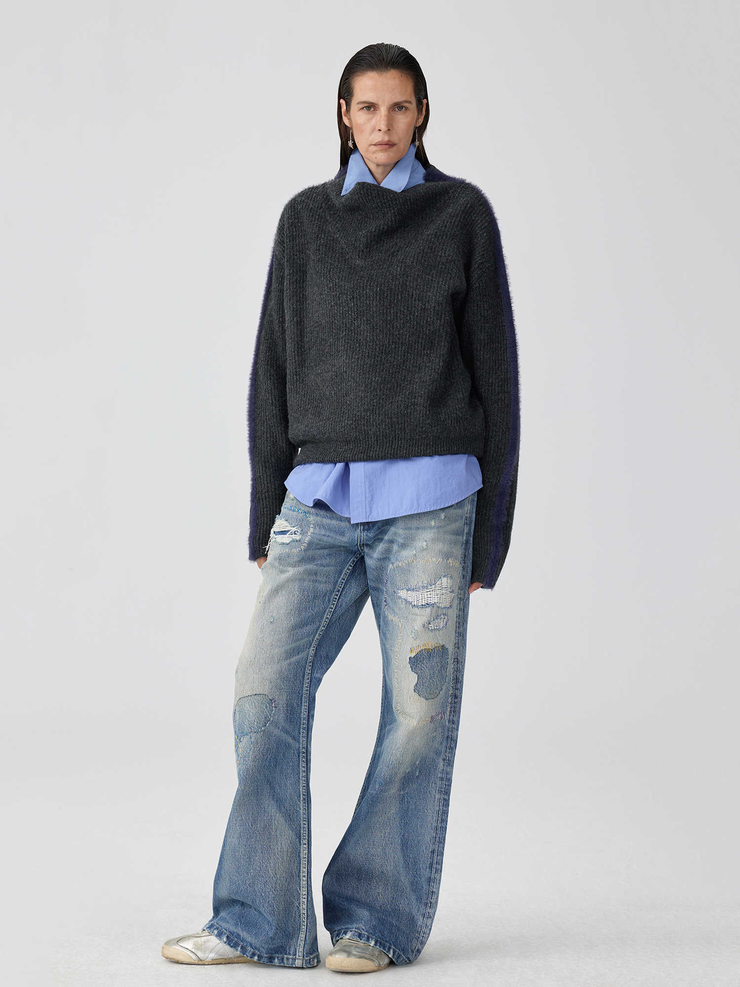 Unisex Flared Jeans - Washed Blue Patch Loose My Store