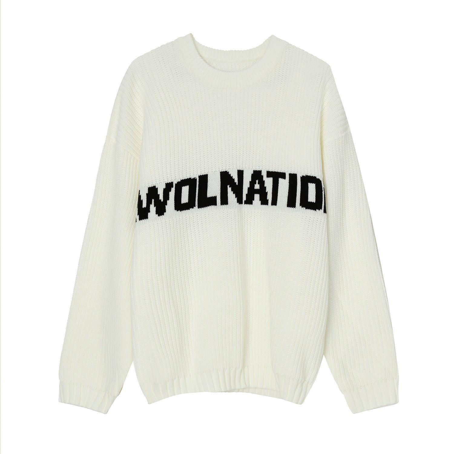 Solid Color Loose Knit Round Neck Letter Sweater - White, Khaki, Green - MRC STORE