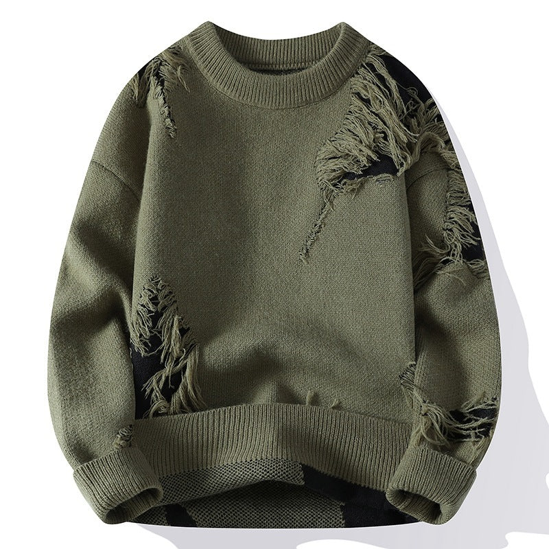 Green distressed sweater on a white background
