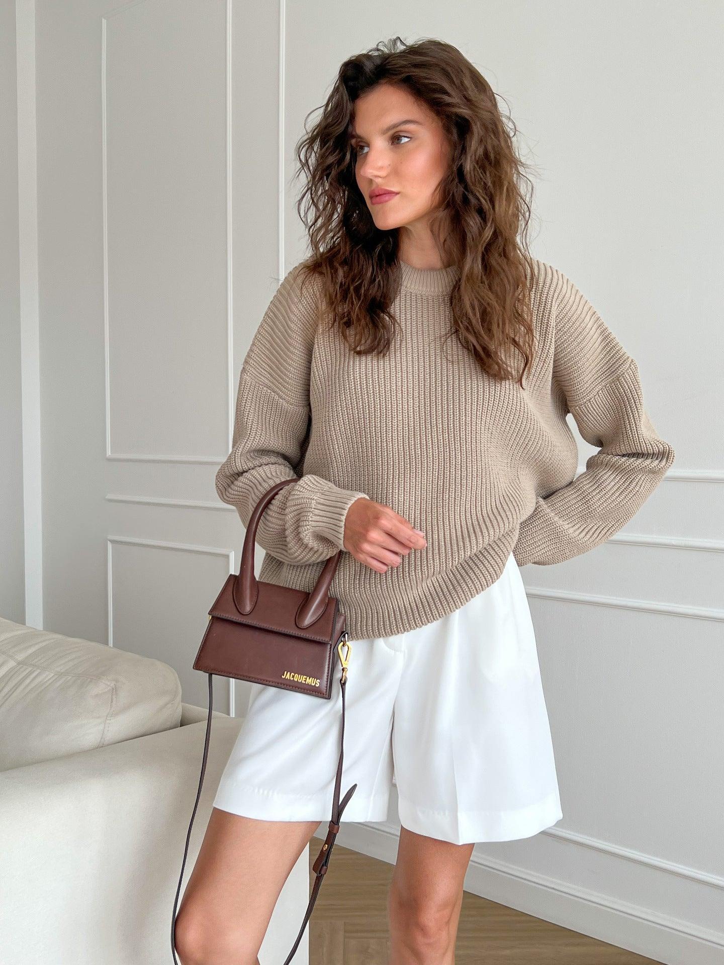 Loose Solid Color Sweater for Casual Comfort - MRC STORE