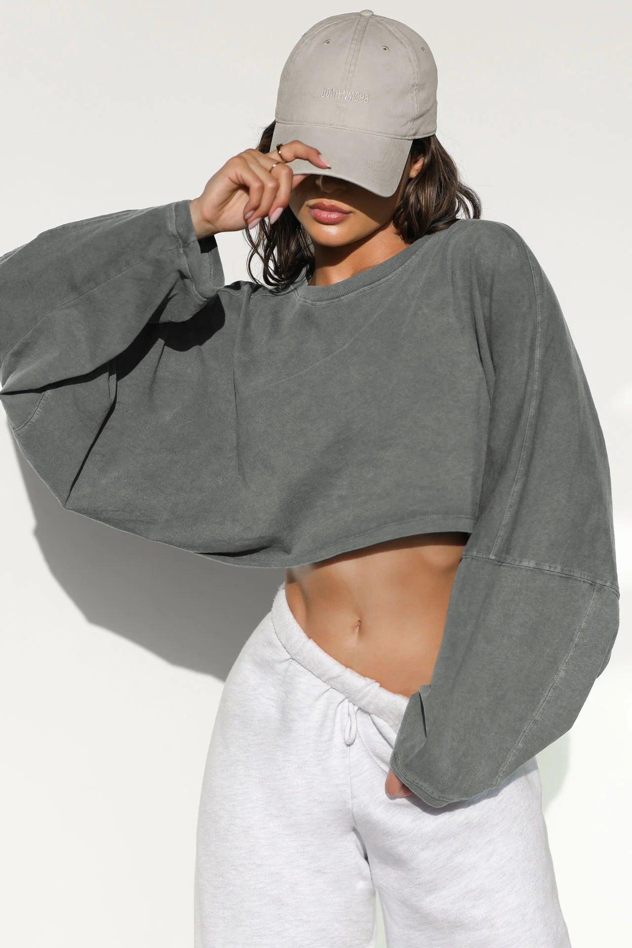 Women's Round Neck Distressed Sports Sweater – European & American Short Pullover - MRC STORE
