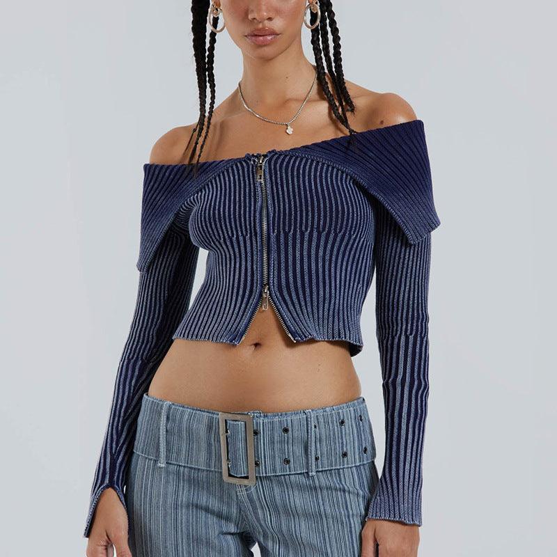 Vintage Off-Shoulder Zipper Lapel Fashion Sweater - MRC STORE