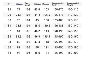 Product information sheet for a trouser with size chart and washing instructions.