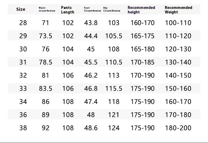 Product information sheet for a trouser with size chart and washing instructions.