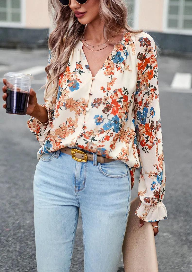 Chic Floral V-Neck Blouse - MRC STORE