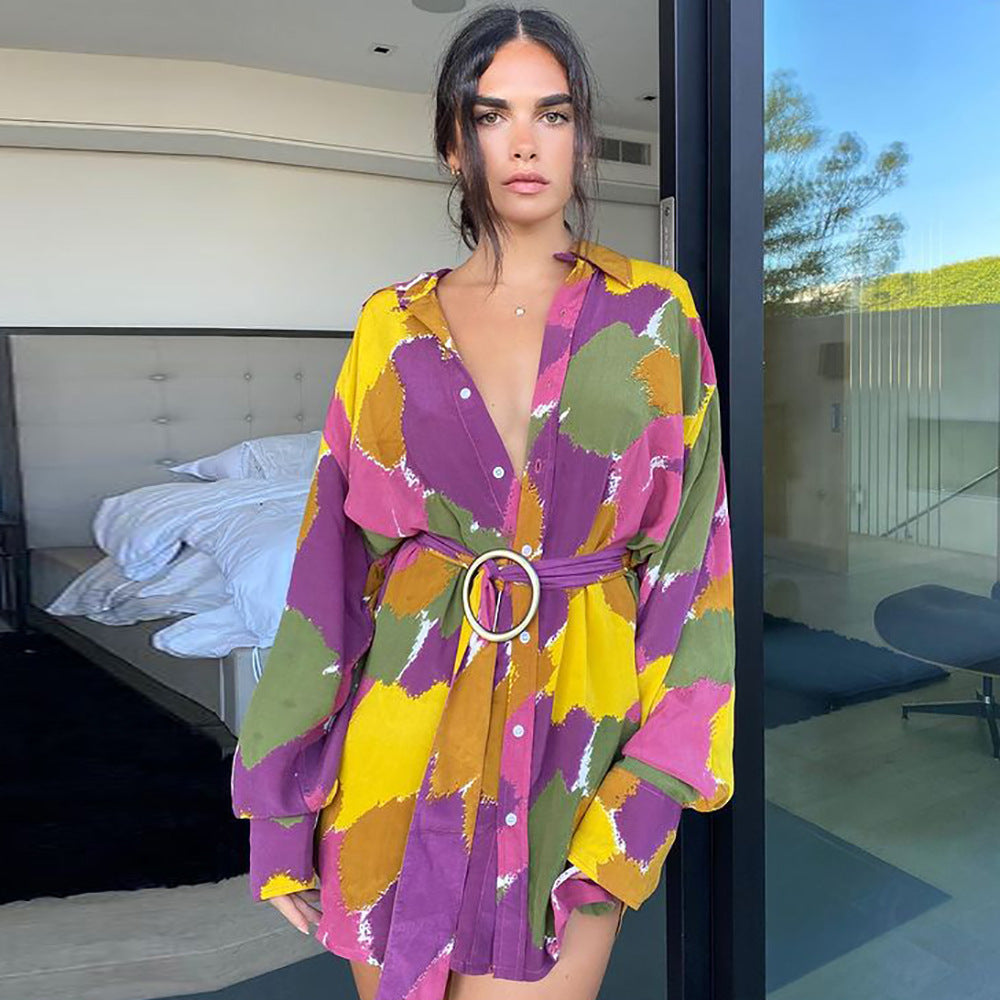 Women’s Shirt Dress - Printed V-Neck Long My Store