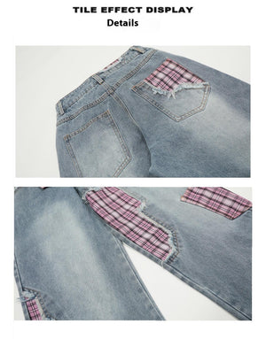 Plaid Stitching Wide Leg Jeans with Bowknot – Sweet & Trendy - MRC STORE