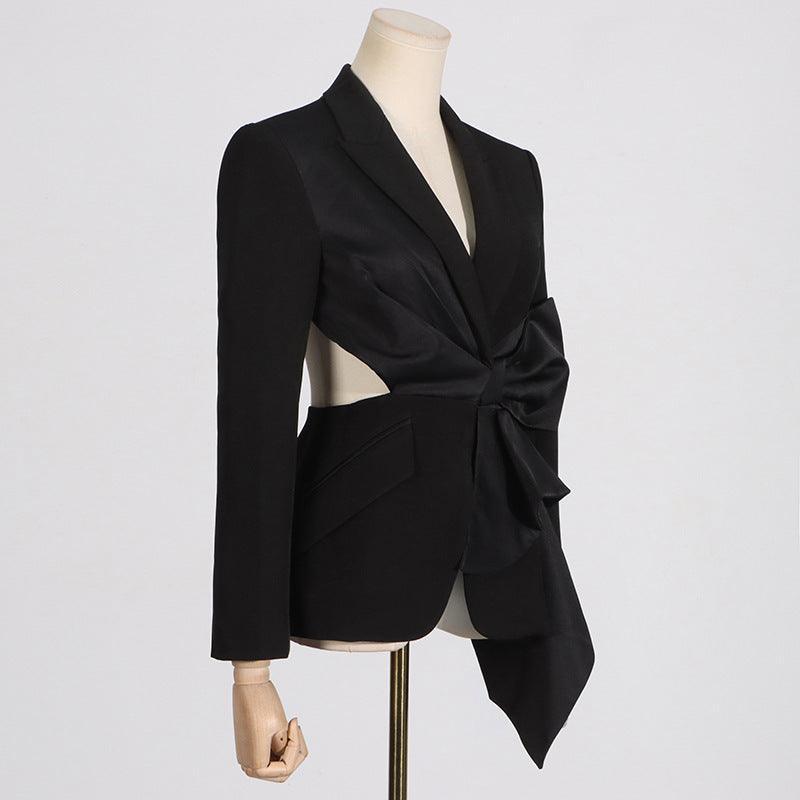 Fashion V-Neck Bow Stitching Lace-up Waist Slim Fit Jacket - MRC STORE