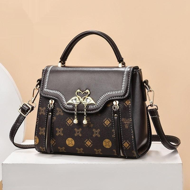 Elegant European Retro Shoulder Bag with Gold Flamingo Detail and Printed Design - MRC STORE