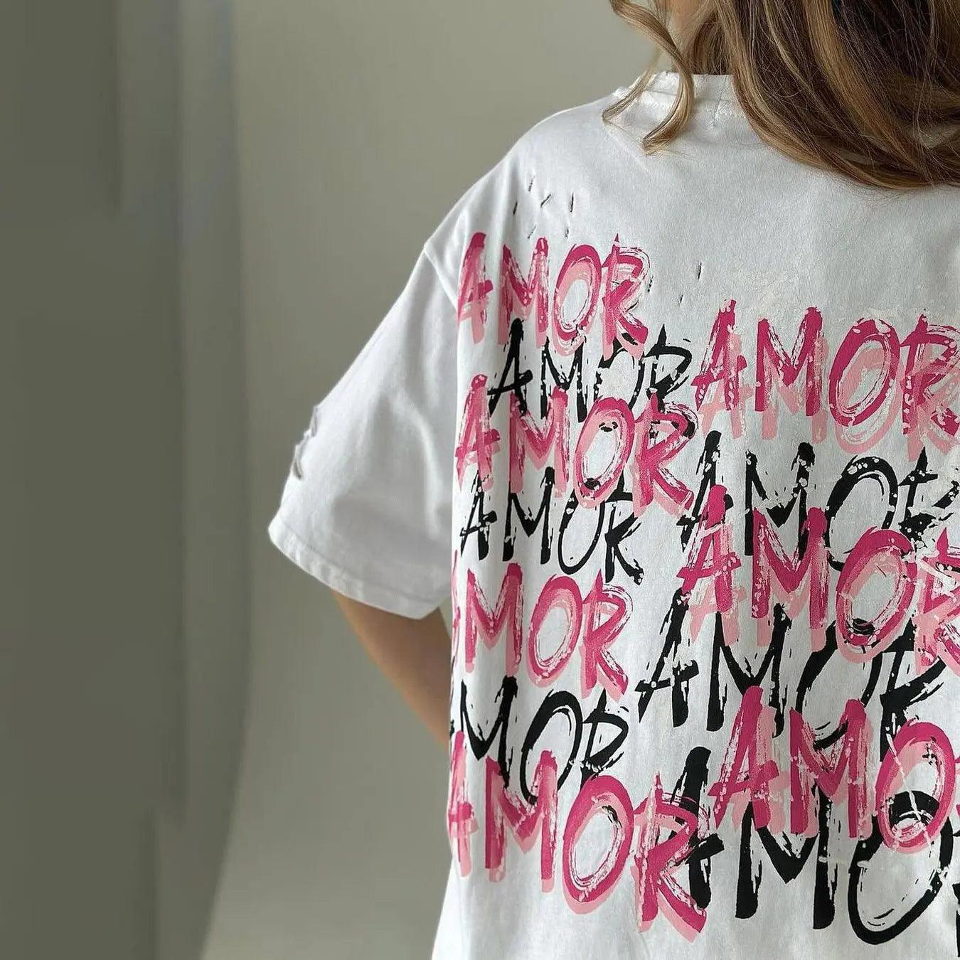 Tatted Letter Print T-Shirt - MRC STORE